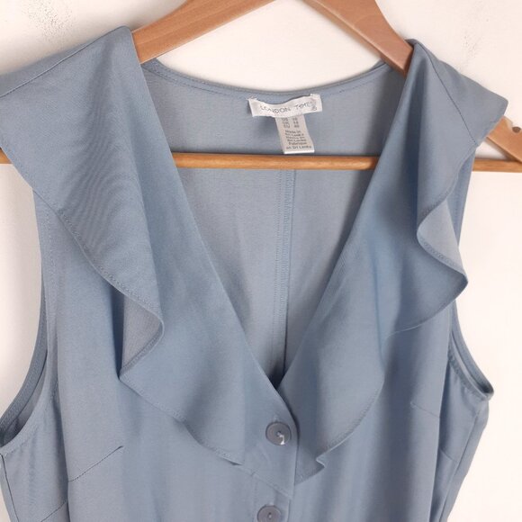Ruffle Front Chambray Dress Size 10. Blue Midi Frilly Feminine Sun London Times - Picture 4 of 16